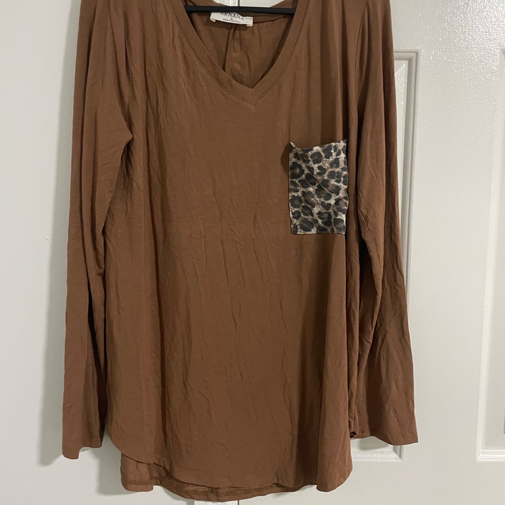 Zenana Outfitters Tan Long Sleeve with Leopard Pocket